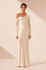 LA LUNE ASYMMETRICAL LONG SLEEVE MAXI DRESS - CREAM_F