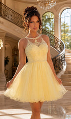 A woman wearing the Beaded Embroidered Lace Short Babydoll Party Dress stands indoors before a grand staircase with ornate railings and large windows.