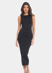 Front view of a model wearing the black Bodycon Dress, a sleeveless midi-length dress made from ultra-comfortable, stretchy fabric. The seamless design hugs the curves, offers flattering bust support, and features a smooth, sculpted silhouette with a secure fit.