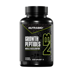 A black bottle of NutraBio Growth Peptides dietary supplement with NB branding contains 196 capsules (28 servings) and features advanced muscle-building peptides for enhanced recovery, shown against a plain white background.
