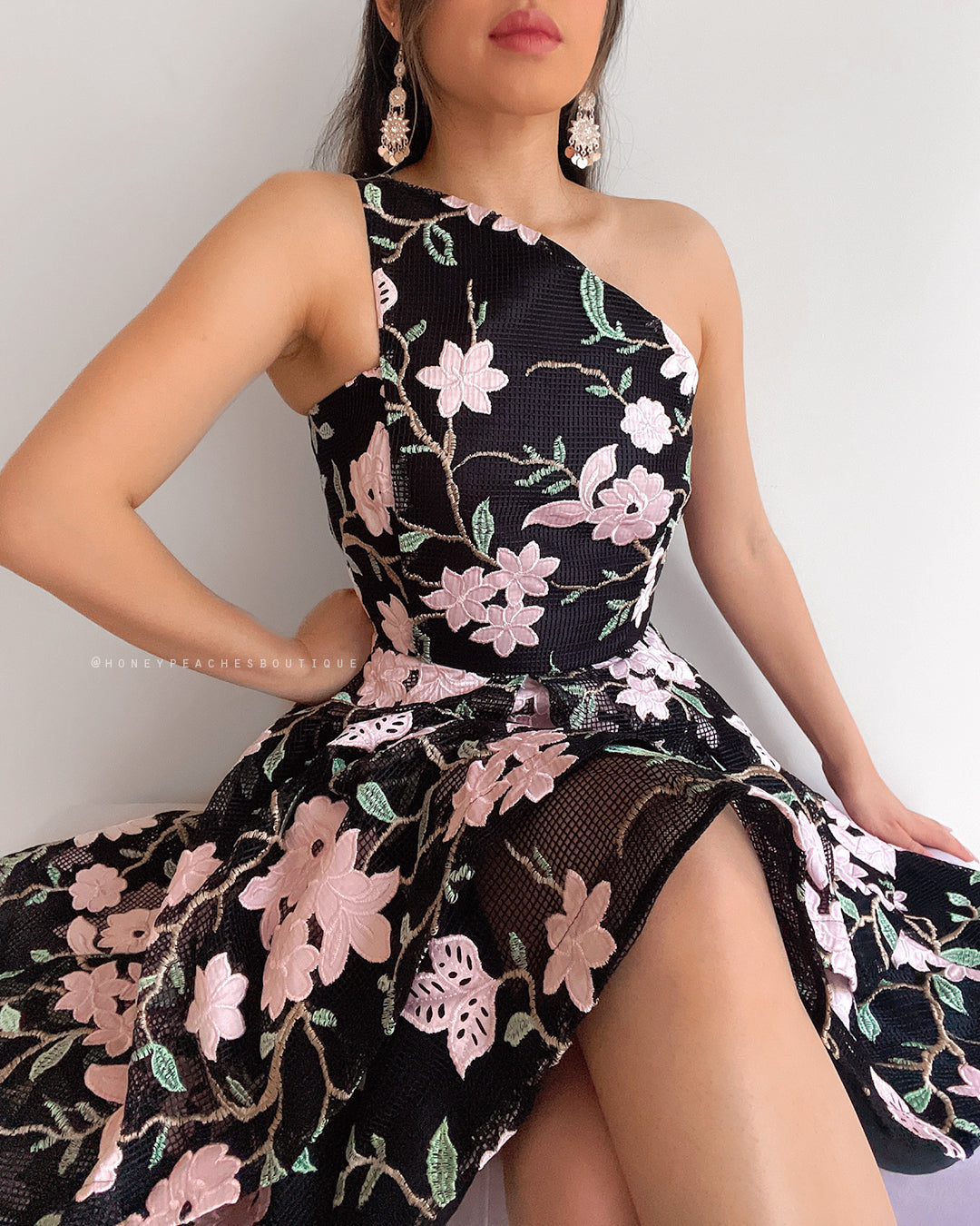 Addison One Shoulder Dress - Black Floral