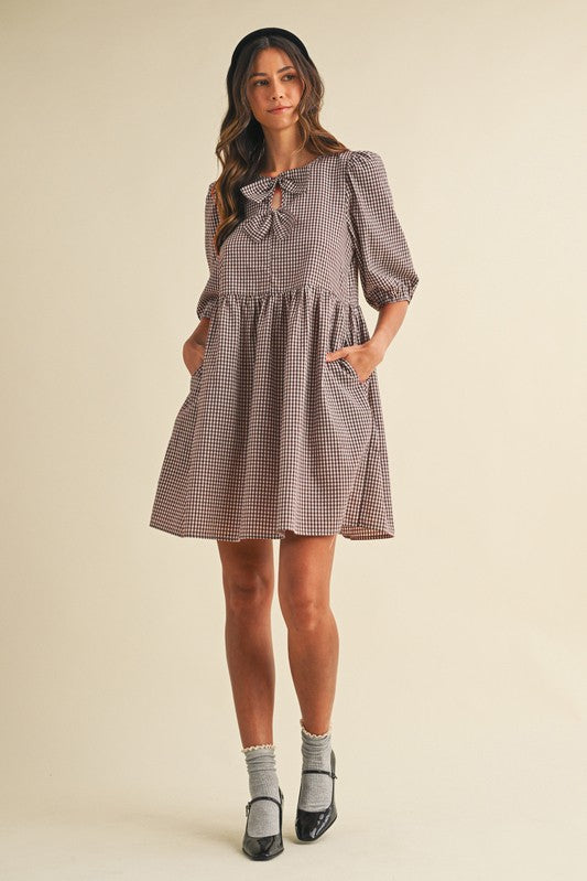 SC Brown Gingham Check Front Bow Detail Mini Dress