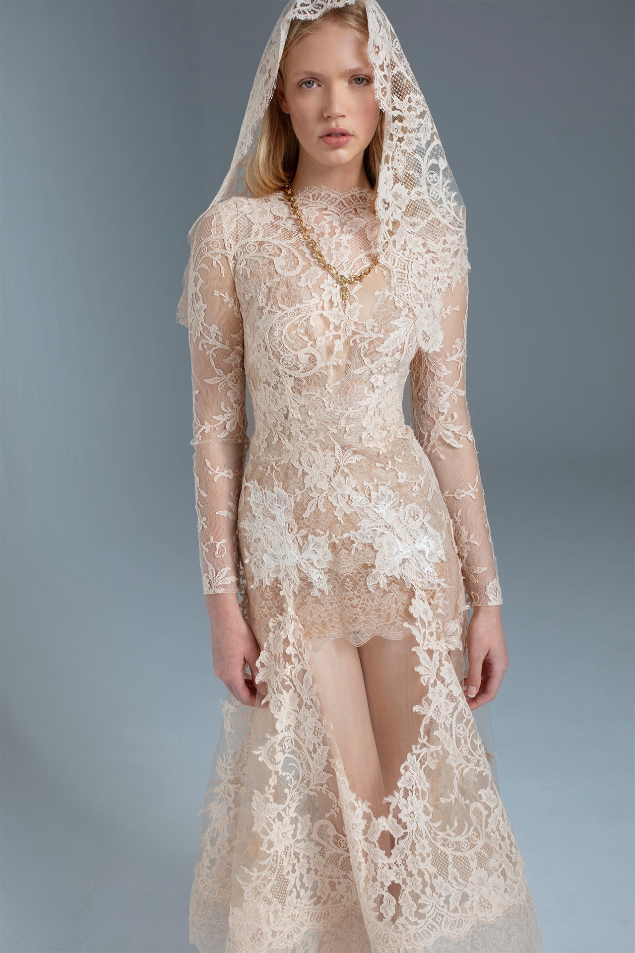Midi Wedding Dress with Fitted Long Sleeves and French Lace