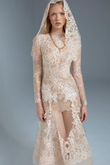 Midi Wedding Dress with Fitted Long Sleeves and French Lace