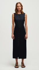 Button Dress in Basket Weave Linen | Midnight