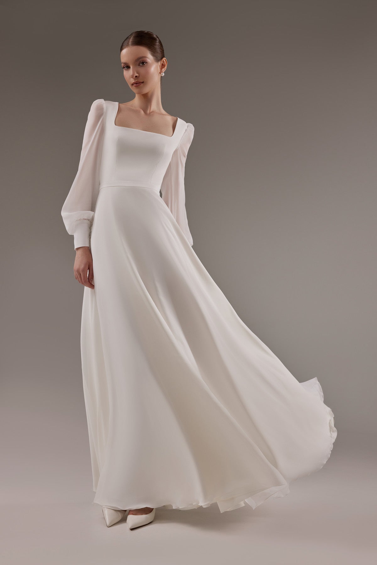 Modest A-line Square Neck Wedding Dress Edita with Long Chiffon Sleeves