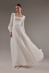 Modest A-line Square Neck Wedding Dress Edita with Long Chiffon Sleeves