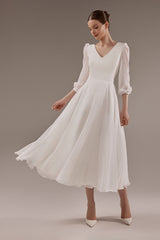 Modest A-line Midi Wedding Dress Valerie with Chiffon Sleeves