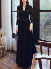 Black V Neck Tulle Lace Beads Long Prom Dress, Black Tulle Evening Dresses