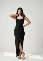 Seoraa black chiffon bustier dress for women with ruched front slit detail—perfect for cocktail nights, birthday parties, evening dates, and glamorous events