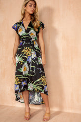 Tillie Black Satin Floral Wrap Dress