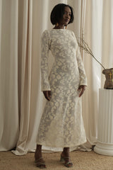 BEIGE LONG DRESS WITH FLORAL EMBROIDERY