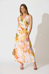 Oriana Maxi Wrap Dress in Orange Multi Floral full length