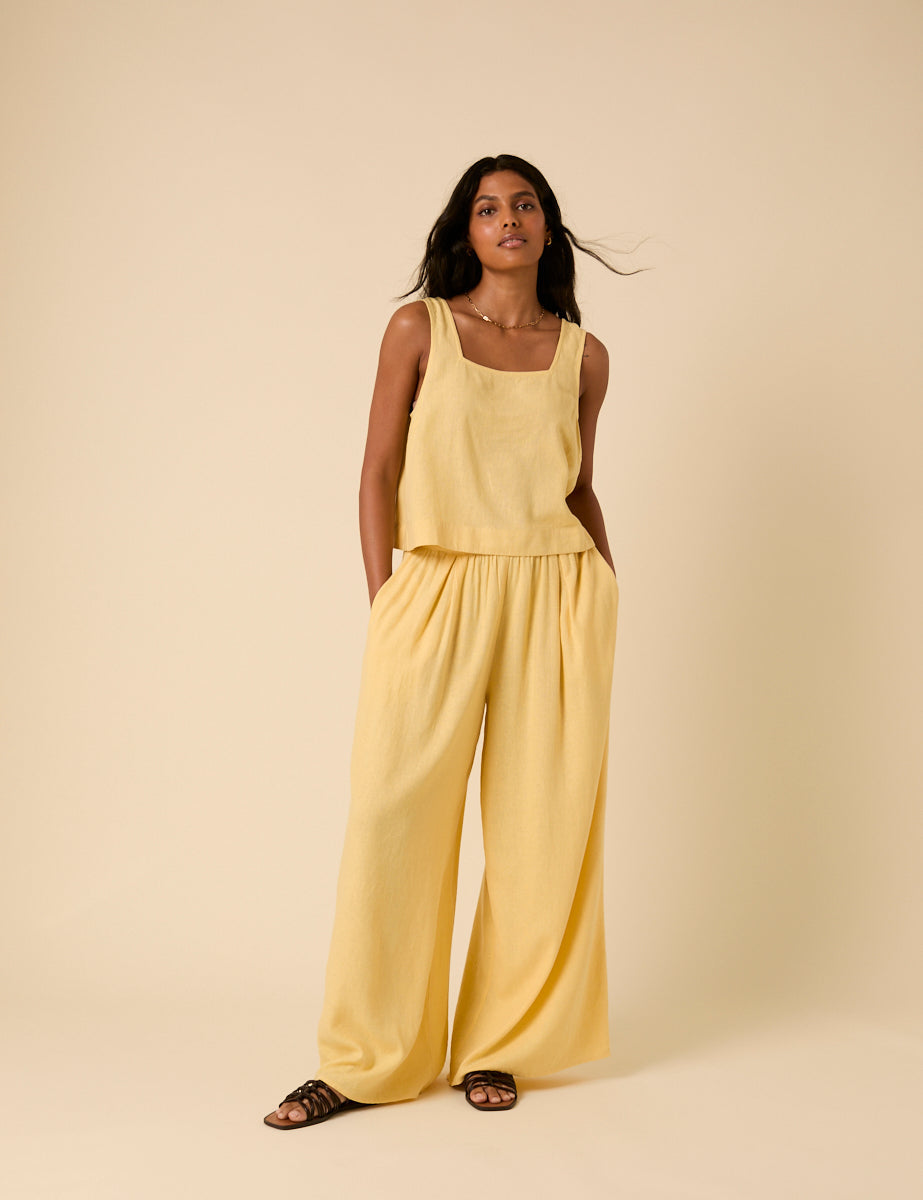 Butter Yellow Linen-Blend Wide Leg Jerrow Trousers