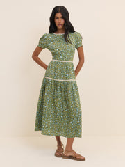 Green Ditsy Floral Tiered Dara Midi Dress