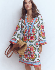 Carmen Linen Short Dress-Multi, Ornamental Trellis