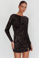 Demure Long Sleeve Open Back Dress Sequin Black by Selfie Leslie