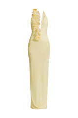 Deme By Gabriella Adela Butter Yellow Maxi Dress displayed on a hanger, featuring flowing fabric and a stylish sleeveless design.