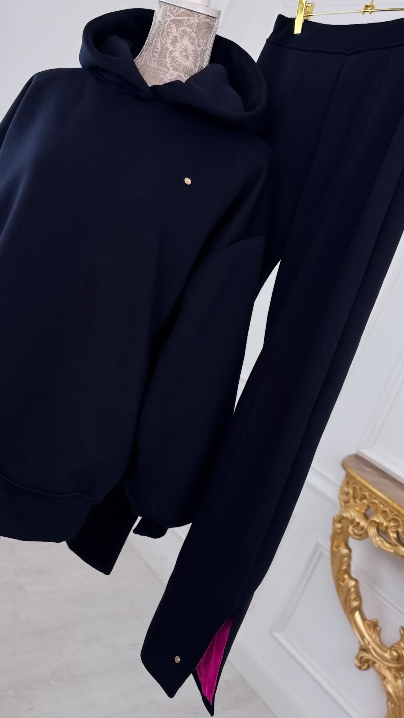 SET 2 piese Hanorac BLUSH cu spatele Gol + Pantaloni "Blush" tip PANĂ cu SLIȚ - DARK NAVY BLUE