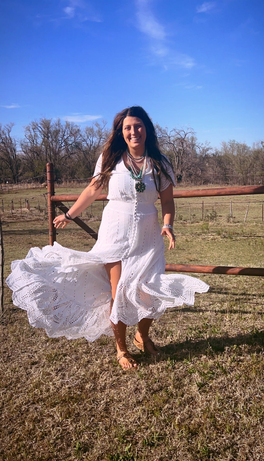 White long lace western button dress