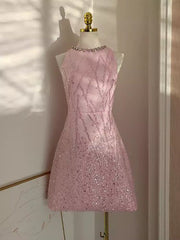 Sexy A line Scoop Pink Sequin Travel Vacation Dress Short Birthday Dress fg6374