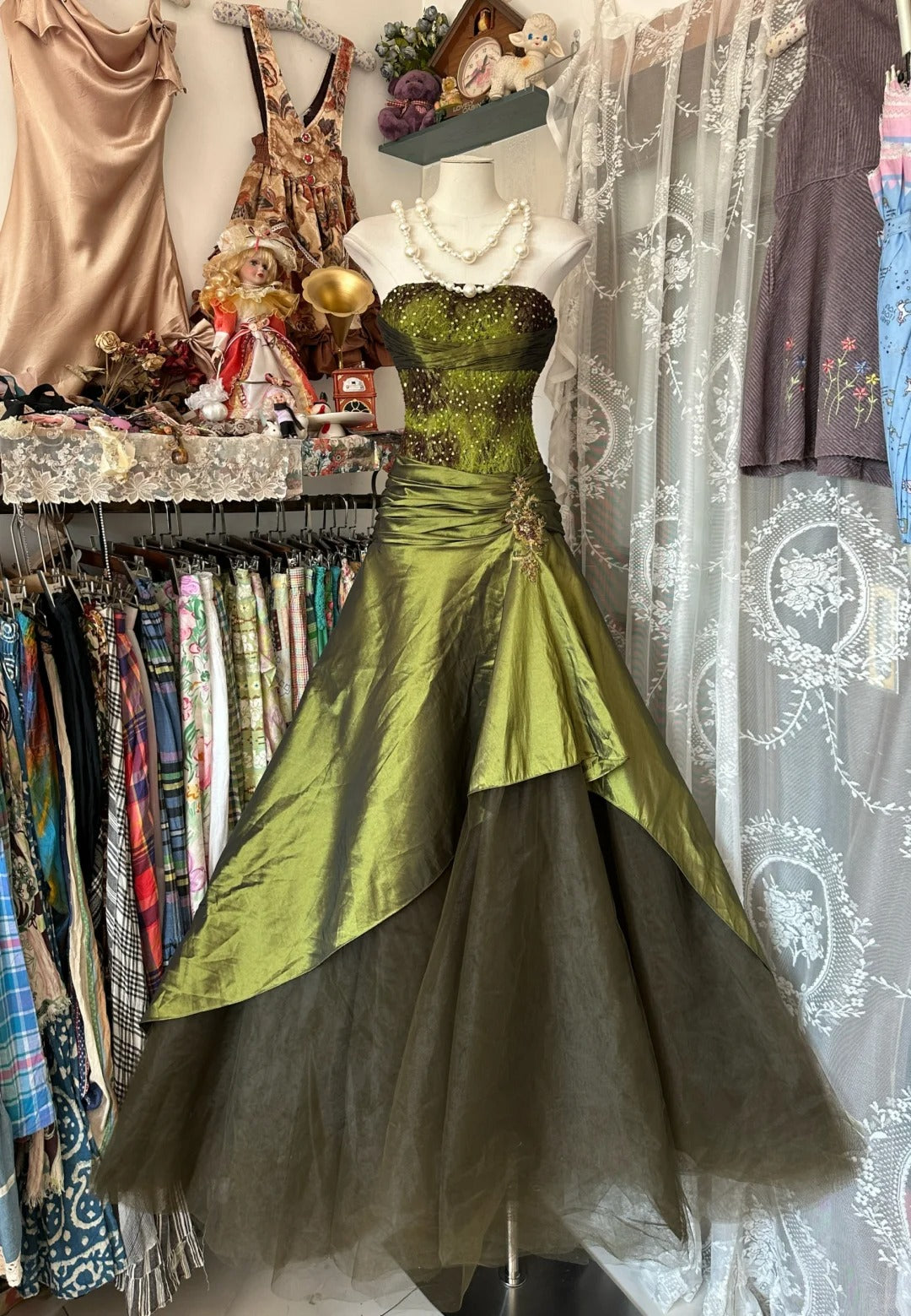 A Line Green Strapless Vintage Prom Dress Long Evening Dress fg8037