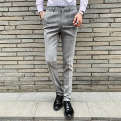Mens Plaid Dress Pants Flat-Front Slim Fit Windowpane Trousers For Business Wedding prom