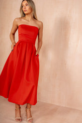 Saskia Blood Orange Bandeau A-Line Midi Dress