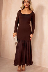 Mariah Chocolate Knit Chiffon Hem Maxi Dress