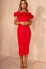 Ophelia Raspberry Ruffle Bardot Midi Dress