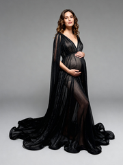 See Thru Black Long Cape Sleeves Mesh Maternity Dress for Photo Shoot YW260296