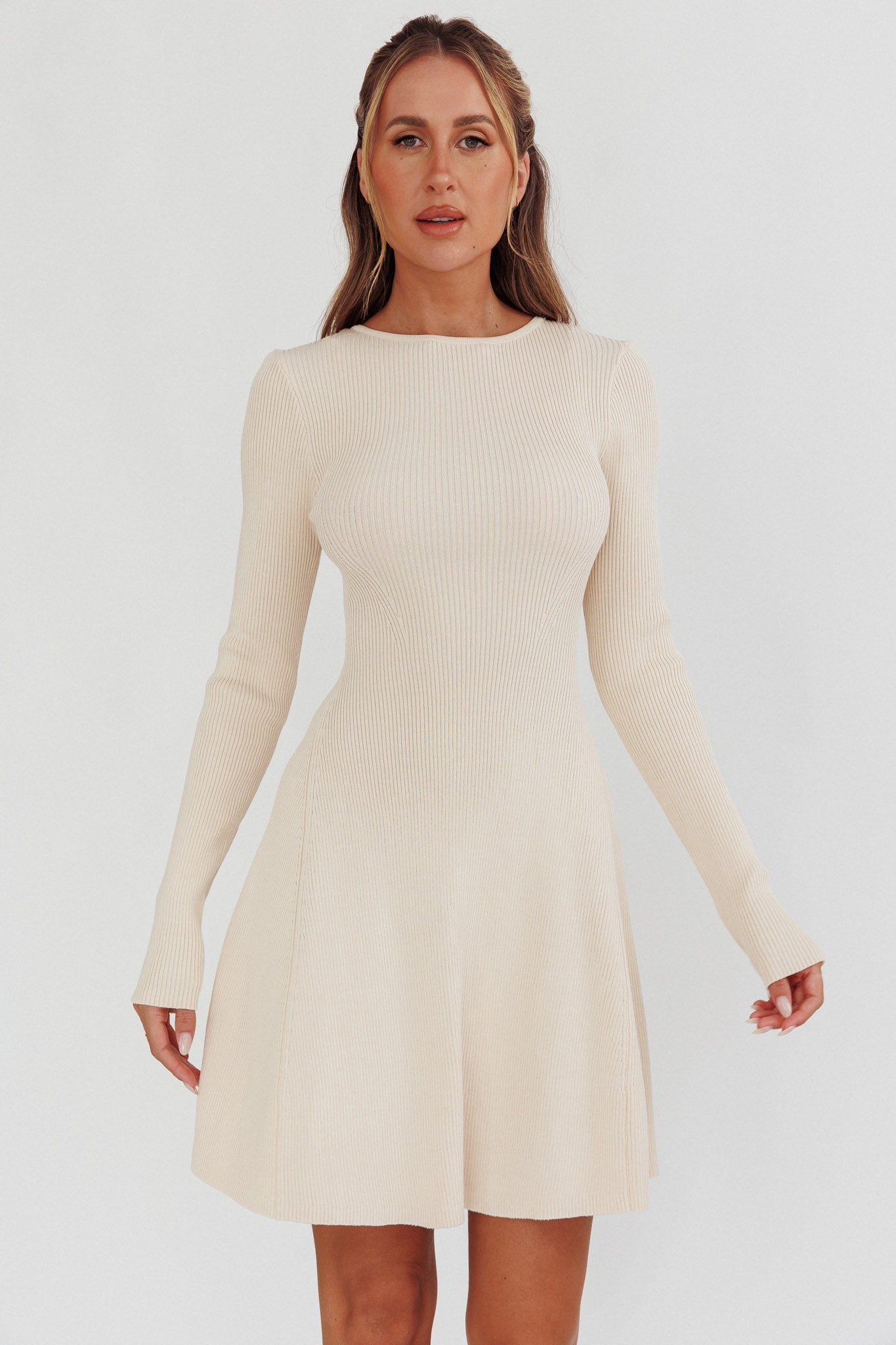 Intuitions Long Sleeve Ribbed Knit Dress Cream by Selfie Leslie