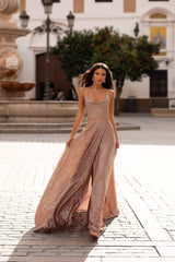 Prisilla - Rose Gold A-Line Sequin Gown with Cowl Neck & Side Slit