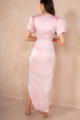 Drew Pink Satin Wrap Midi Dress