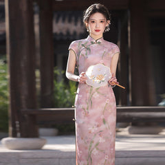 Modern Chinese Qipao, Chinese Cheongsam, Evening Dress, pink Floral dress