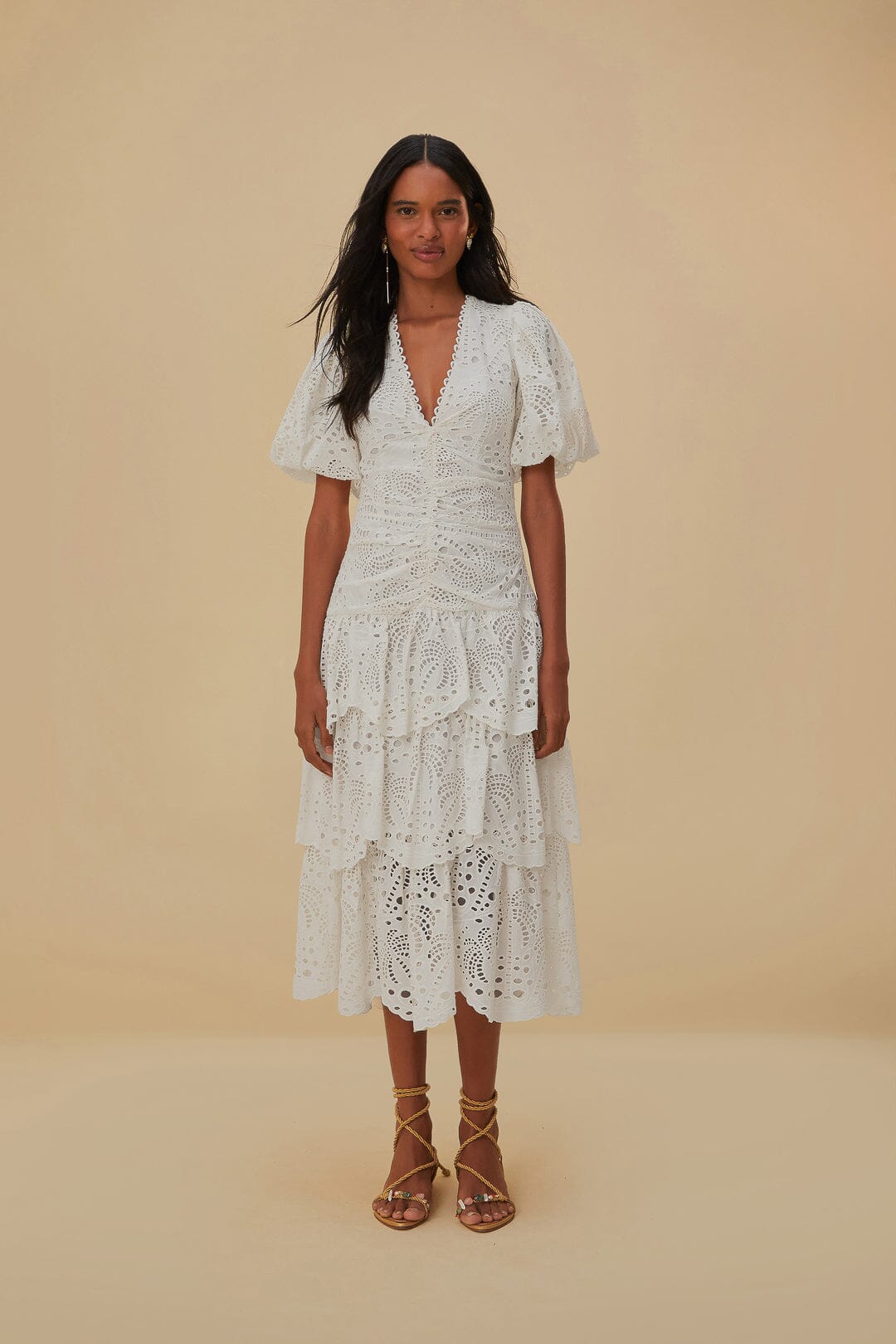 White Cotton Eyelet Puff Sleeve Midi Dress