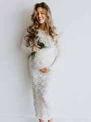 Momyknows White Lace Sheer Bodycon Elegant Cocktail Party Maternity Baby Shower Maxi Dress