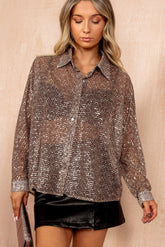 Olive Bronze Sheer Printed Sequin Shirt