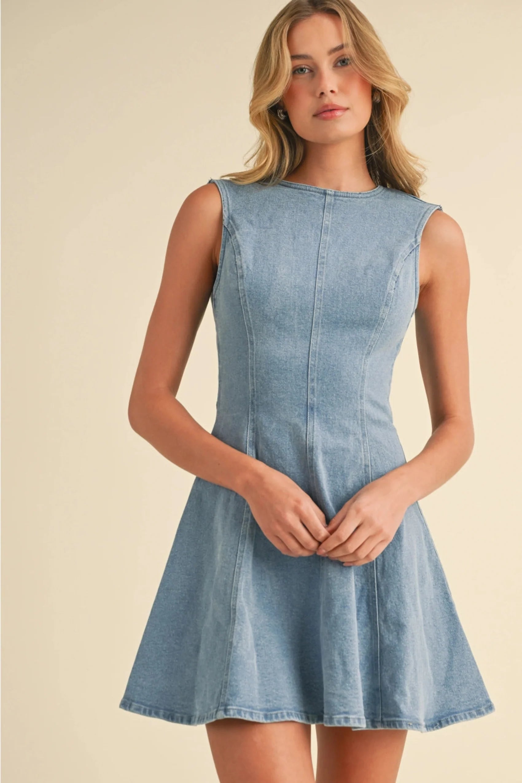 Mia Denim Open Back A-Line Mini Dress
