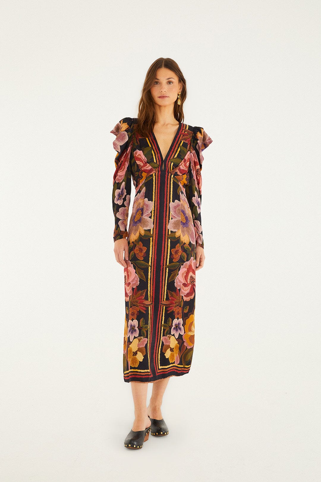 Black Chenille Flowers Midi Dress