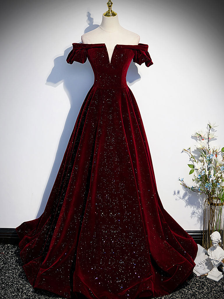 A-Line Velvet Burgundy Long Prom Dress, Burgundy Velvet Long Formal Dress