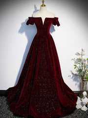 A-Line Velvet Burgundy Long Prom Dress, Burgundy Velvet Long Formal Dress