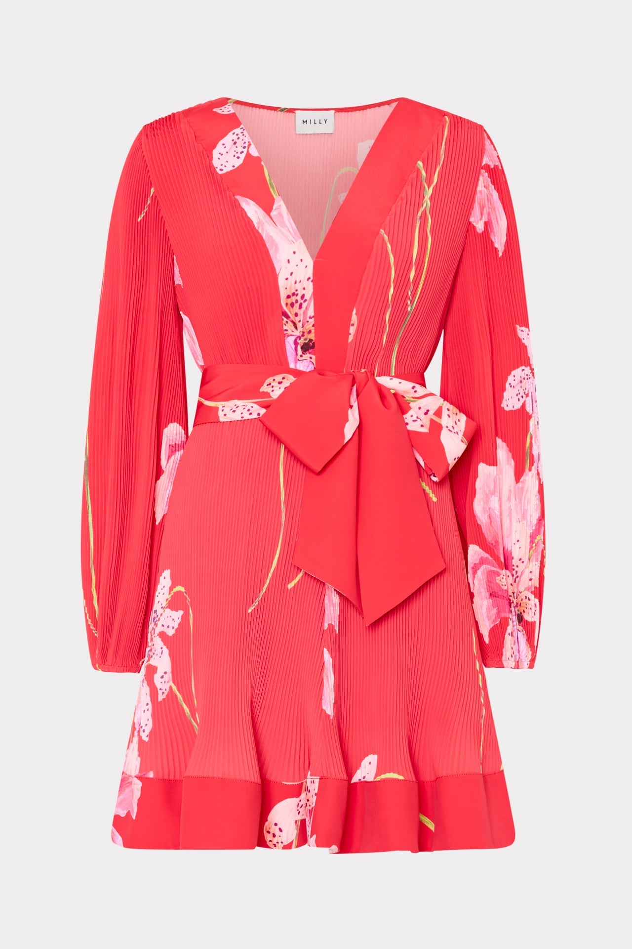 Red Multi Liv Floral Pleated Mini Dress with Tie Belt Detail - Front View | MILLY