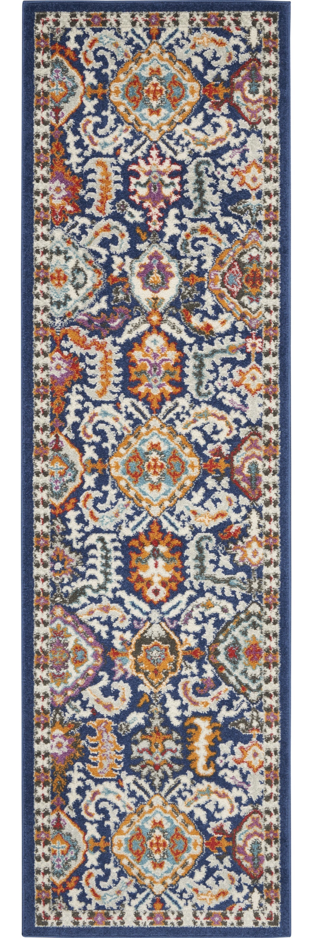 8' Blue And Ivory Oriental Runner Rug
