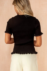 Jemima Black Ribbed Knit Lace Detail Top
