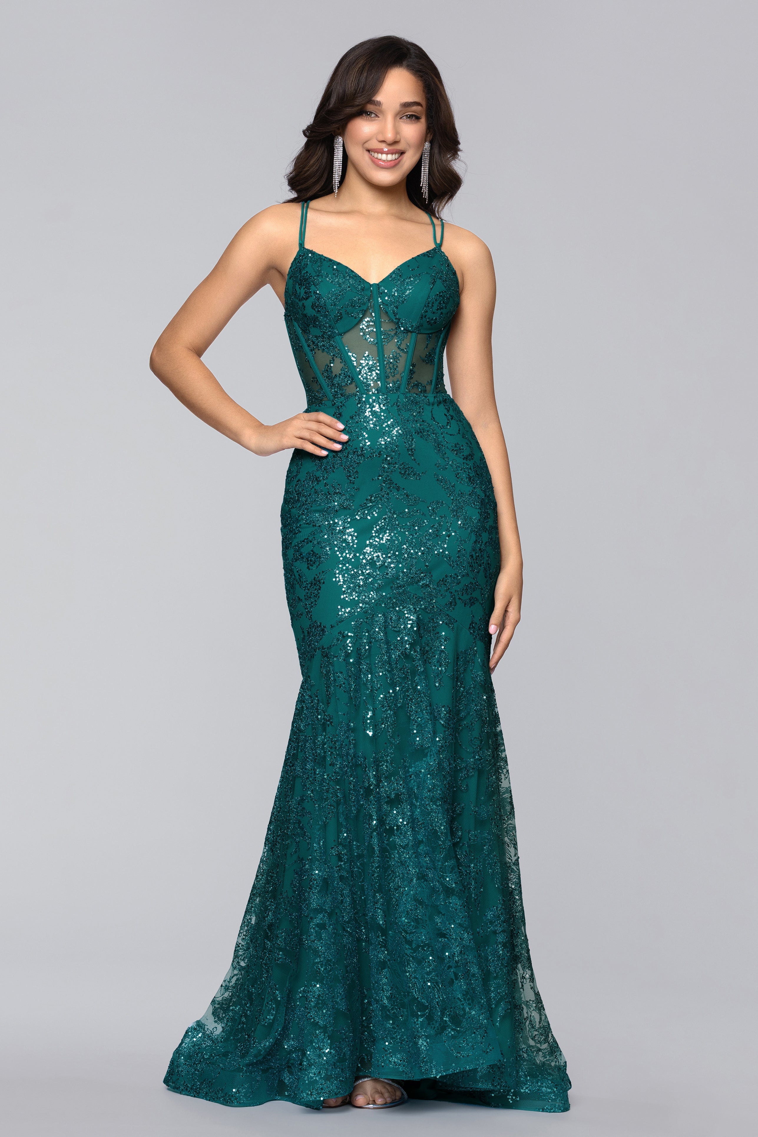 "Tammi" Long Sequin Mesh Mermaid Tieback Dress