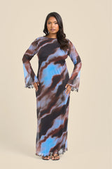 Plus Size Blue Abstract Mesh Maxi Dress with Flare Sleeves