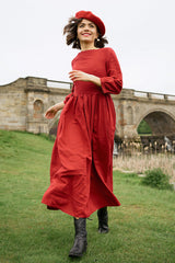 Red Linen Cotton A-Line Maxi Dress - Pleated, Boat Neckline 3576