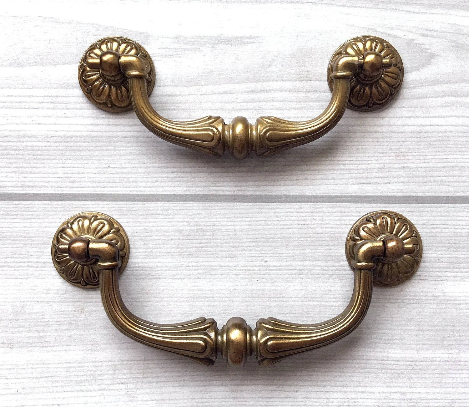 3.75" 4.5" Vintage Style Drop Bail Drawer Pulls in Antique Brass - LynnsHardware