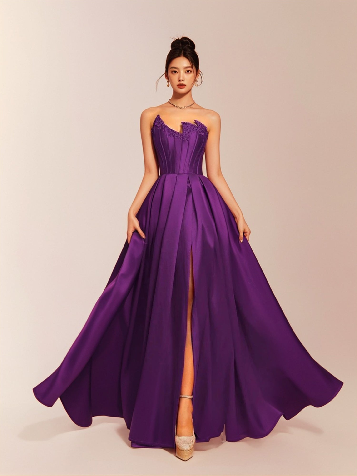 Elegant Purple Satin Gown With High Slit, A-Line Floor-Length Evening Dress-ZS161
